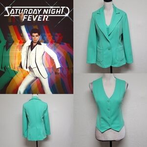 Saturday Night Fever 70s Vintage Mint Green Knit Vest Blazer Two-Piece Set L